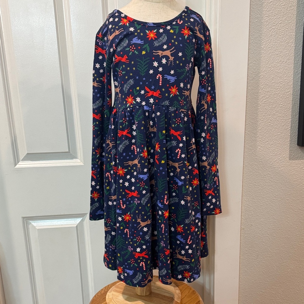 Hanna Andersson Navy Dress with Festive Red and Green Print 8